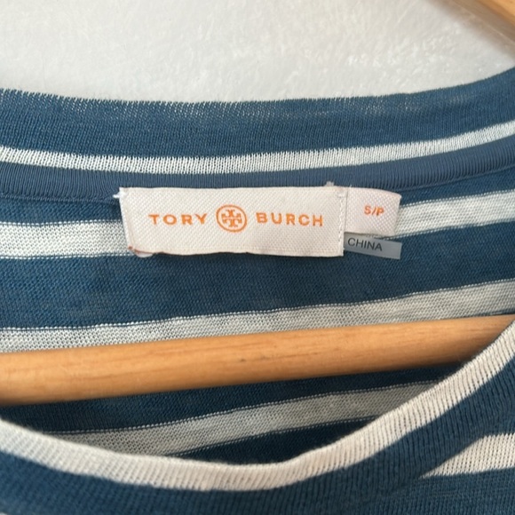 Tory Burch linen jersey pullover blue peninsula striped mixed fabric sz small - Picture 4 of 9